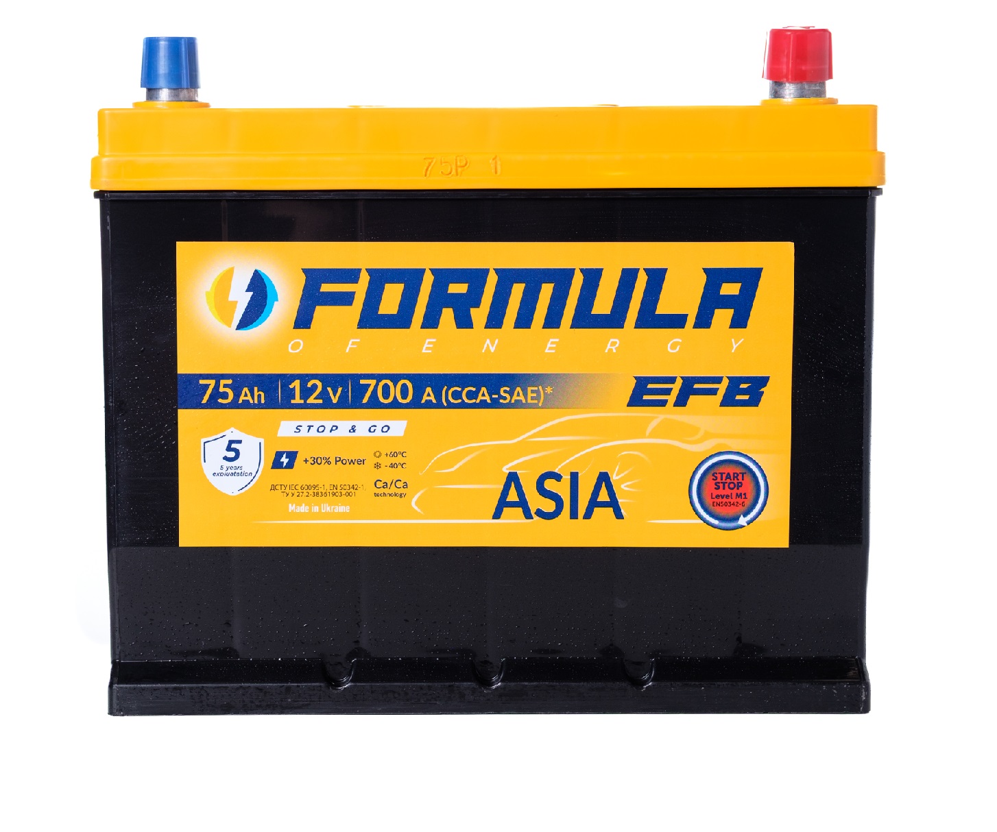 Акумулятор легковий Formula of energy EFB 6СТ-75(0), 12B, 75Ah, 700A, плюс праворуч (R+), EFB, 259х175x220мм (FEFB075А0)